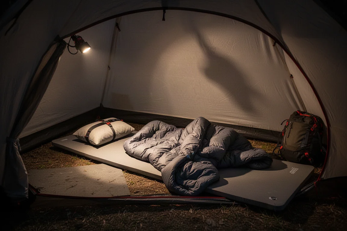 Wide sleeping pad, attached pillow, and quilt laid out inside a tent at night