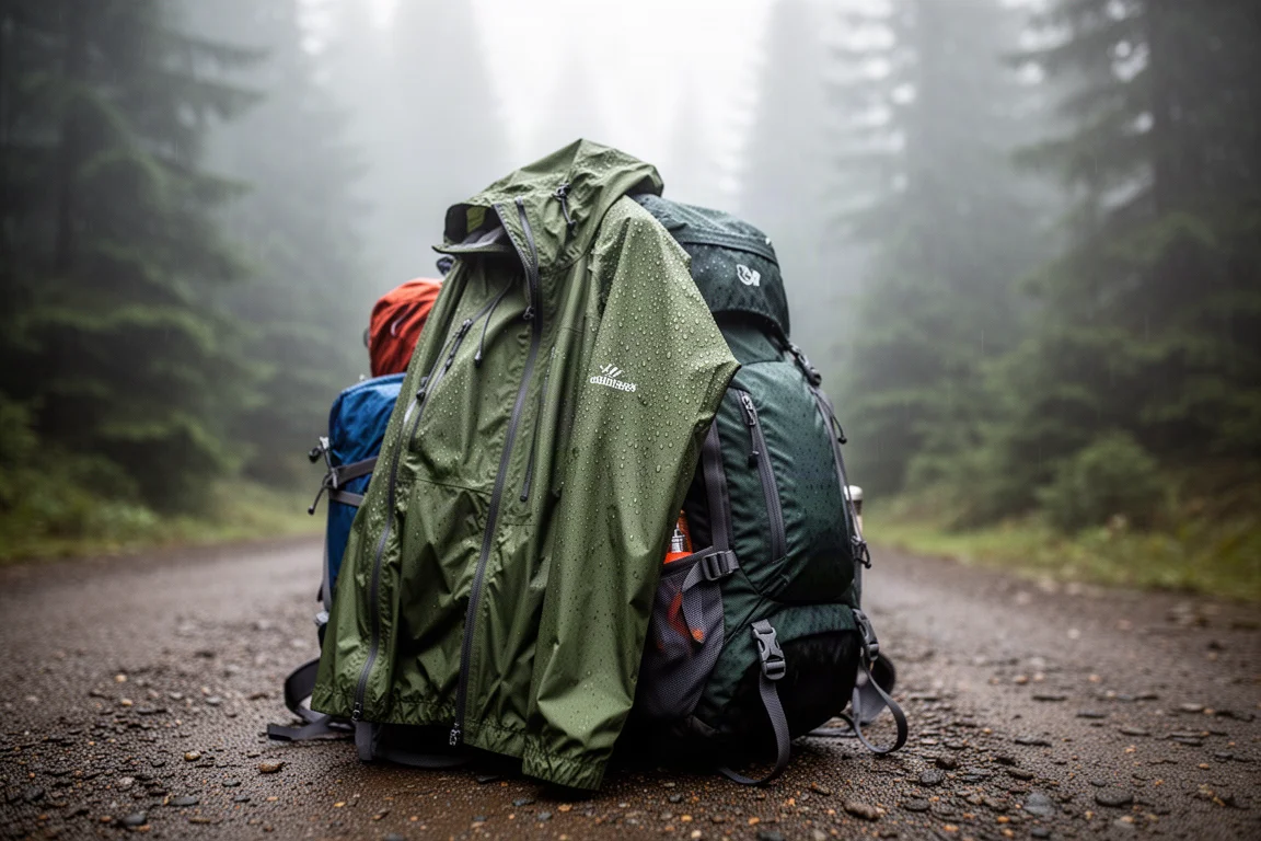 Lightweight waterproof shell draped over a backpack with rain beading on the fabric