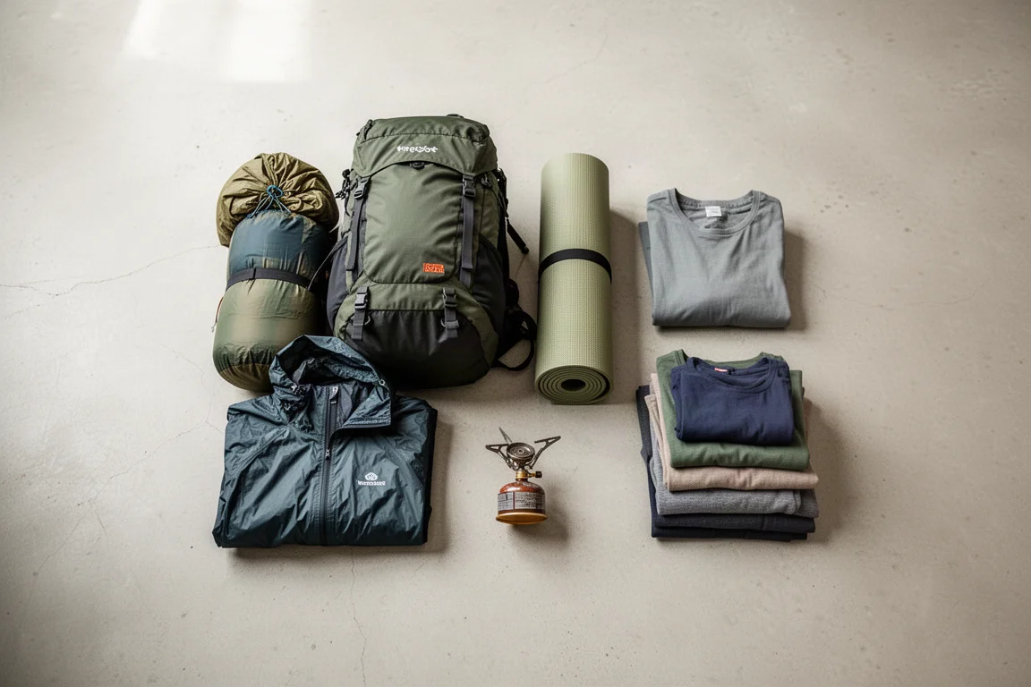 Overhead flat-lay of beginner backpacking gear grouped on a concrete floor