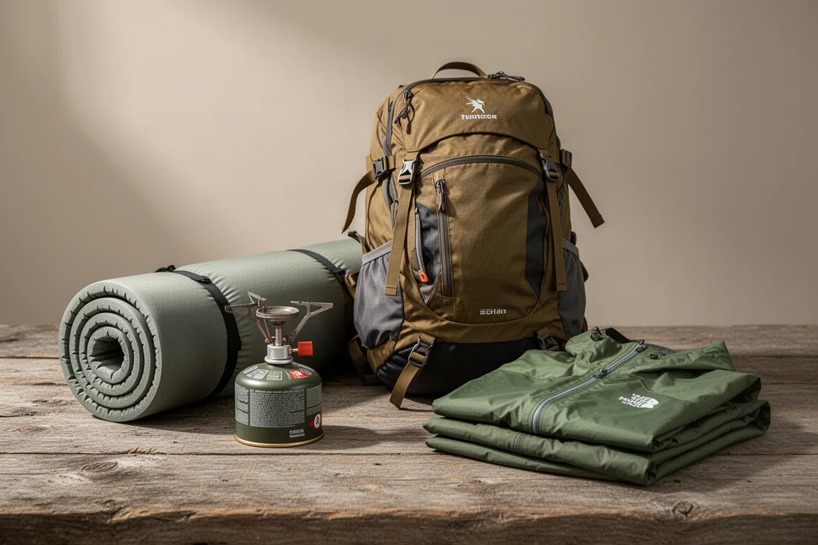 Beginner backpacking kit with tent, pack, sleeping pad, stove, and rain shell on wood