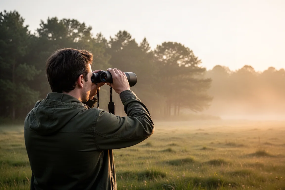 Ornithologue observant des oiseaux aux jumelles dans une douce lumière matinale