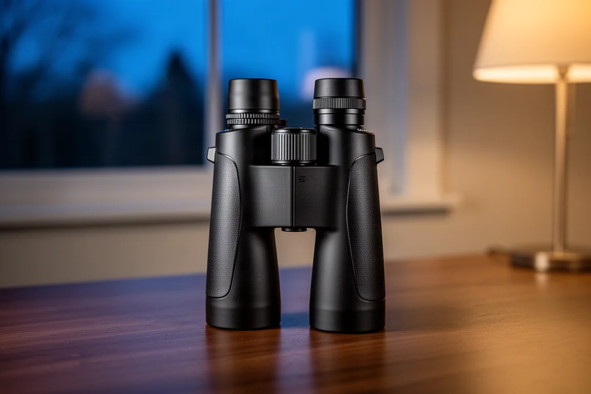Jumelles posées sur une table en bois dans une lumière du soir tamisée