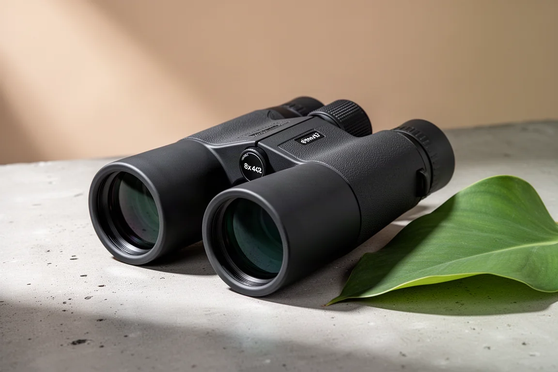 Paar matte schwarze 8x42-Vogelbeobachtungs-Ferngläser auf einer Betonoberfläche