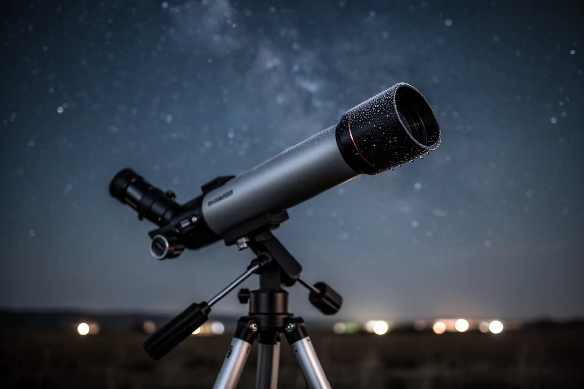 Telescopio compatto puntato verso un cielo stellato su un treppiede