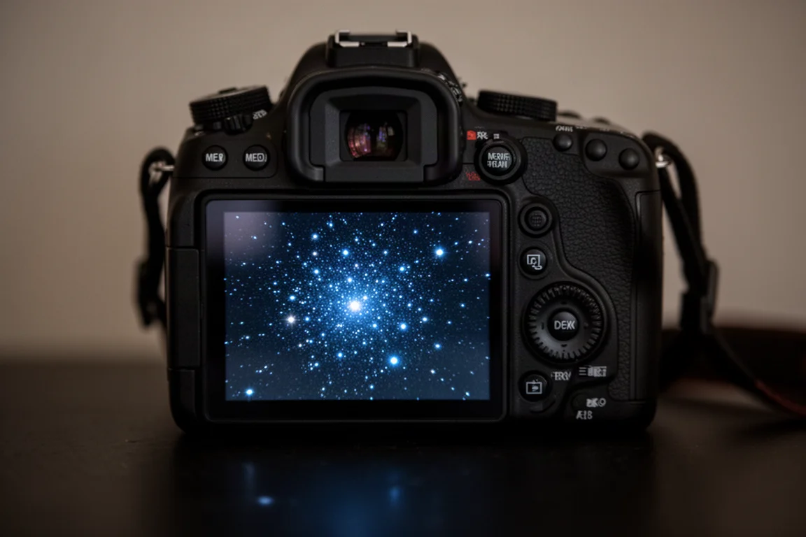 Schermo posteriore di una DSLR che mostra l'immagine catturata di un ammasso stellare