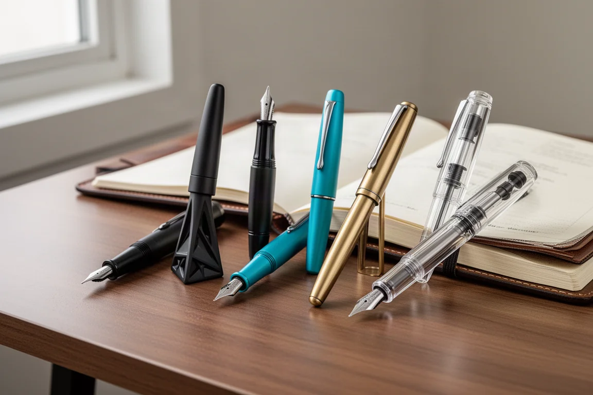 Four fountain pens lined up on a wooden desk beside an open journal