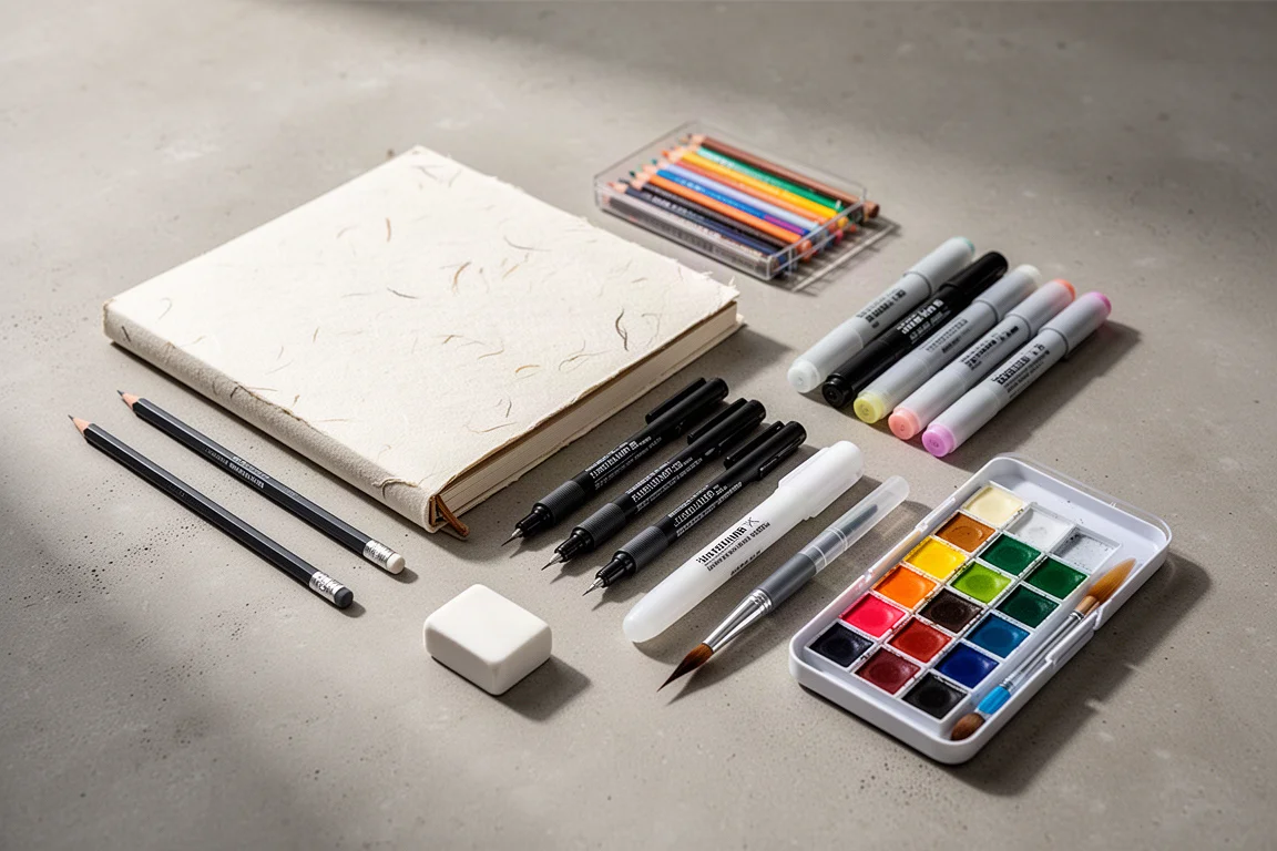Flat arrangement of Japanese art supplies including sketchbook, pencils, pens, and a watercolor set