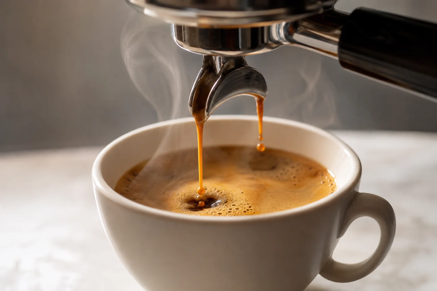 Espresso shot pouring into white cup with crema visible