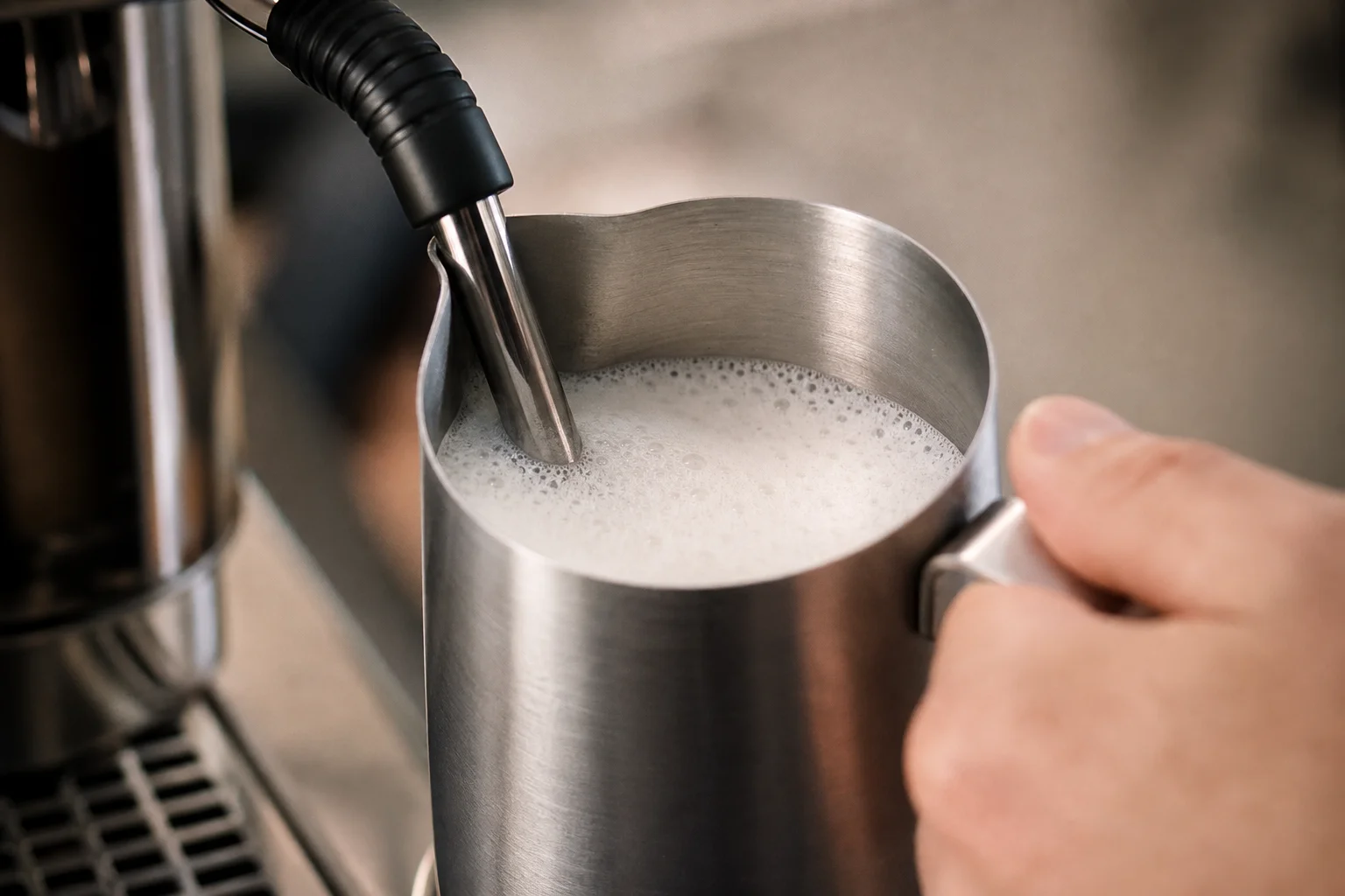 Steam wand frothing milk in metal pitcher with espresso machine blurred behind