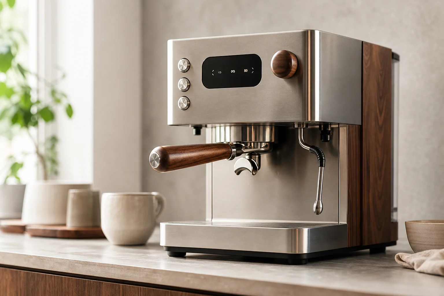 Modern espresso machine with digital display and angled portafilter on kitchen counter