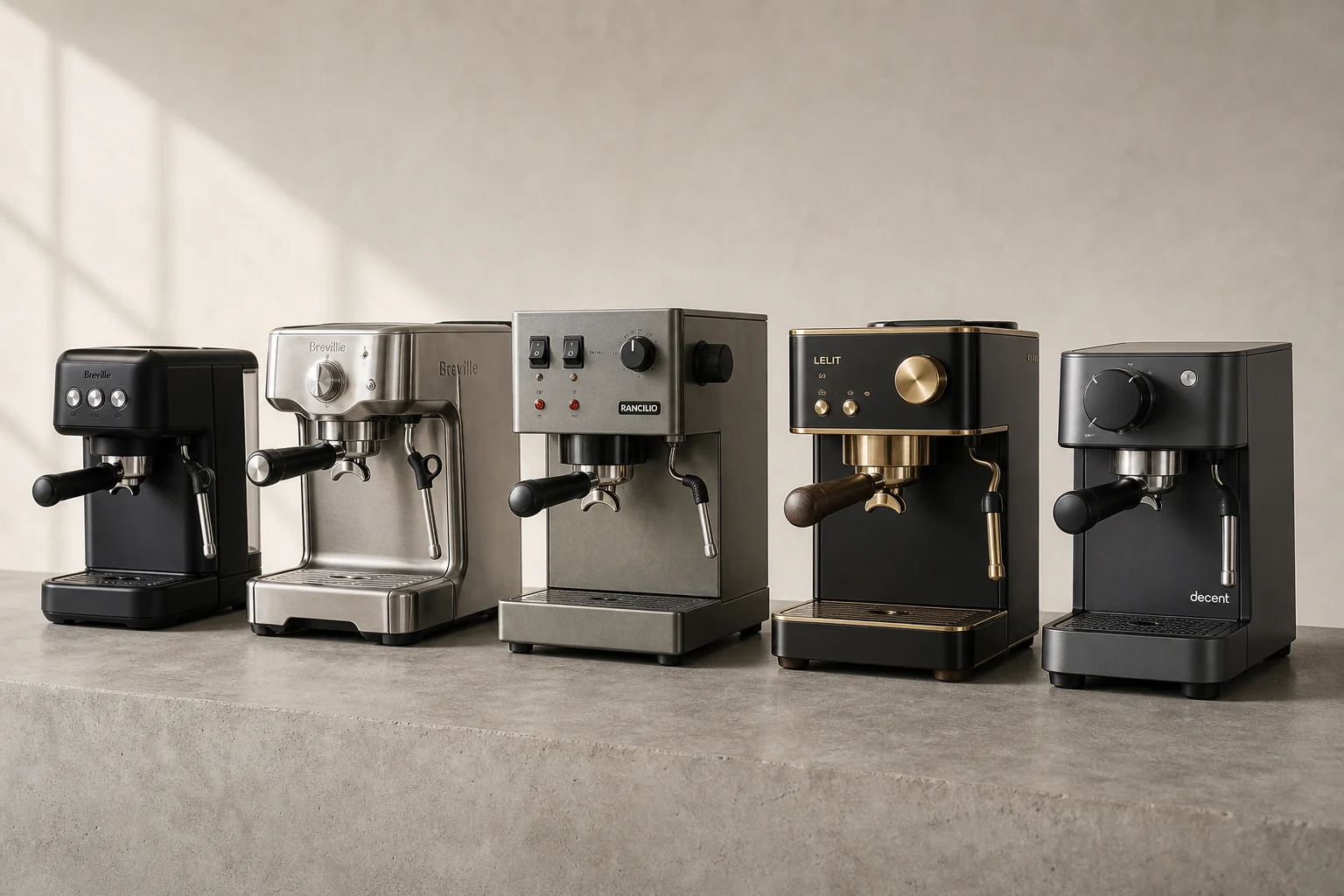 Five home espresso machines arranged in a line on concrete surface