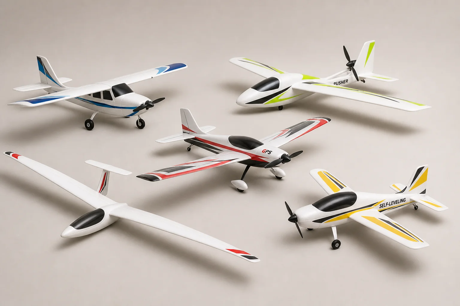 Five beginner RC planes displayed on neutral backdrop