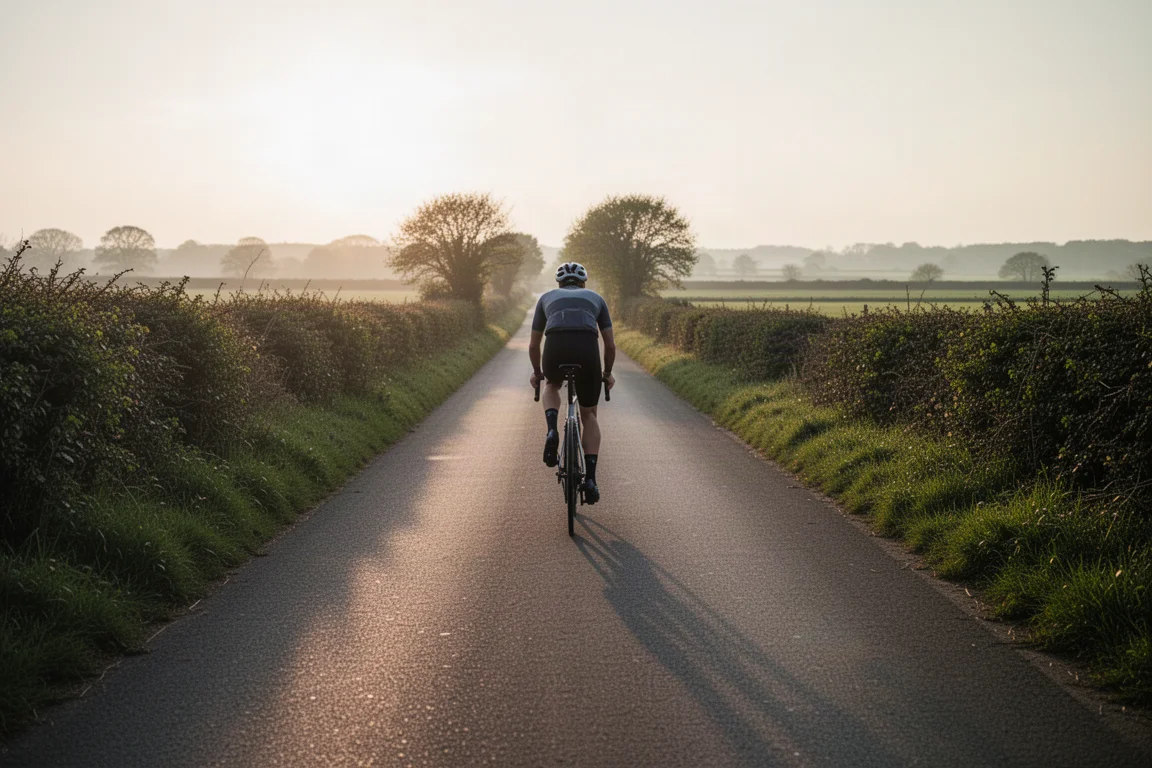 Radfahrer auf einem Rennrad auf einer ruhigen Landstraße bei Sonnenaufgang