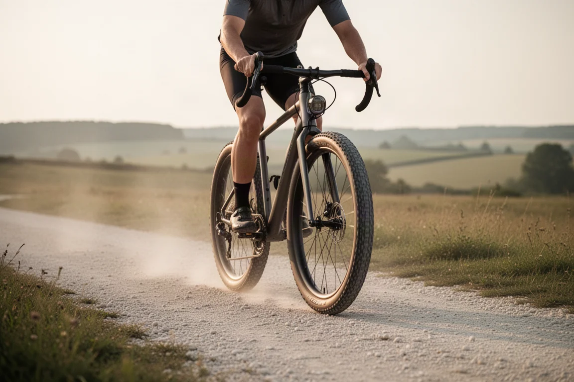 Radfahrer auf einem Rennrad mit breiten Reifen auf einem leichten Schotterweg