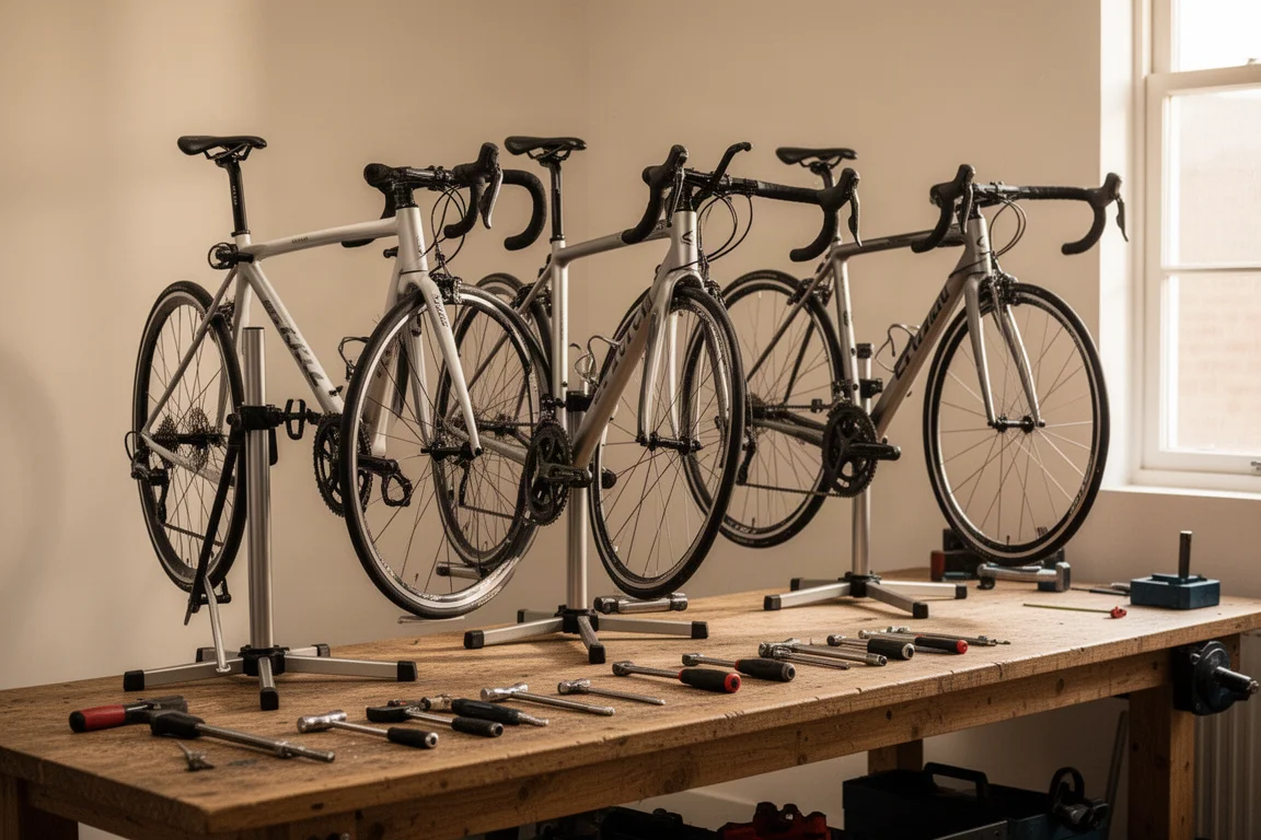 Rennräder auf Reparaturständern in einer ordentlichen Fahrradwerkstatt