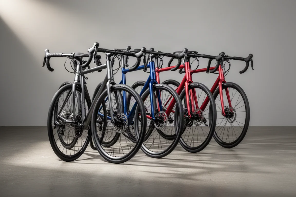 Five aluminium road bikes with disc brakes lined up in a studio setting