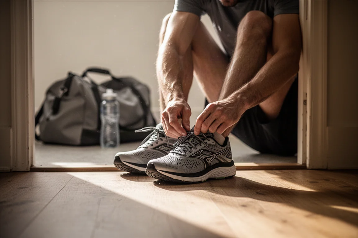 Runner lacing up cushioned running shoes at a doorway in soft morning light