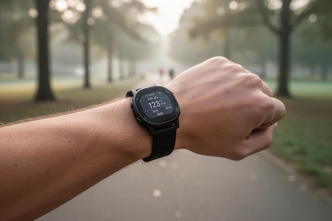 Runner checking pace and heart rate data on a GPS sports watch mid-run