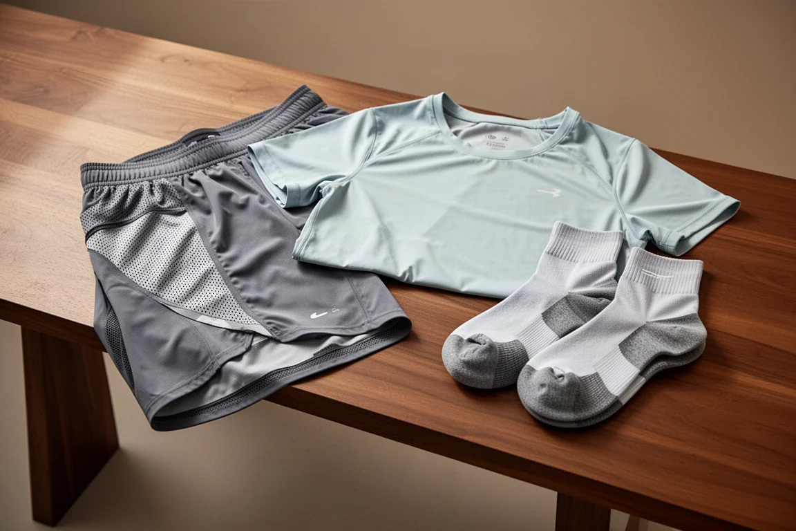 Folded technical running clothing, shorts, and socks arranged on a wooden bench