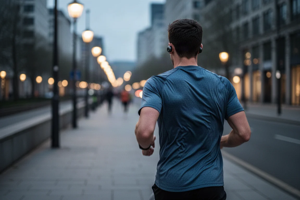 Runner wearing wireless earbuds jogging along a city street at dusk