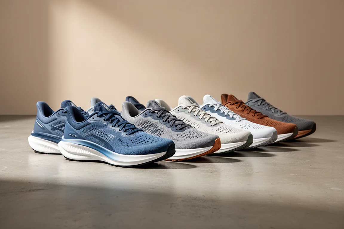 Acht Laufschuhe unterschiedlicher Modelle stehen nebeneinander auf einer Betonoberfläche