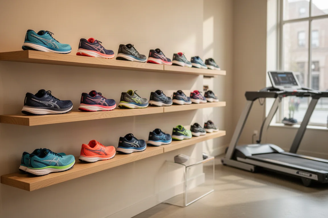 Reihe von Laufschuhen an einer Schuhgeschäftswand unter sanfter Beleuchtung