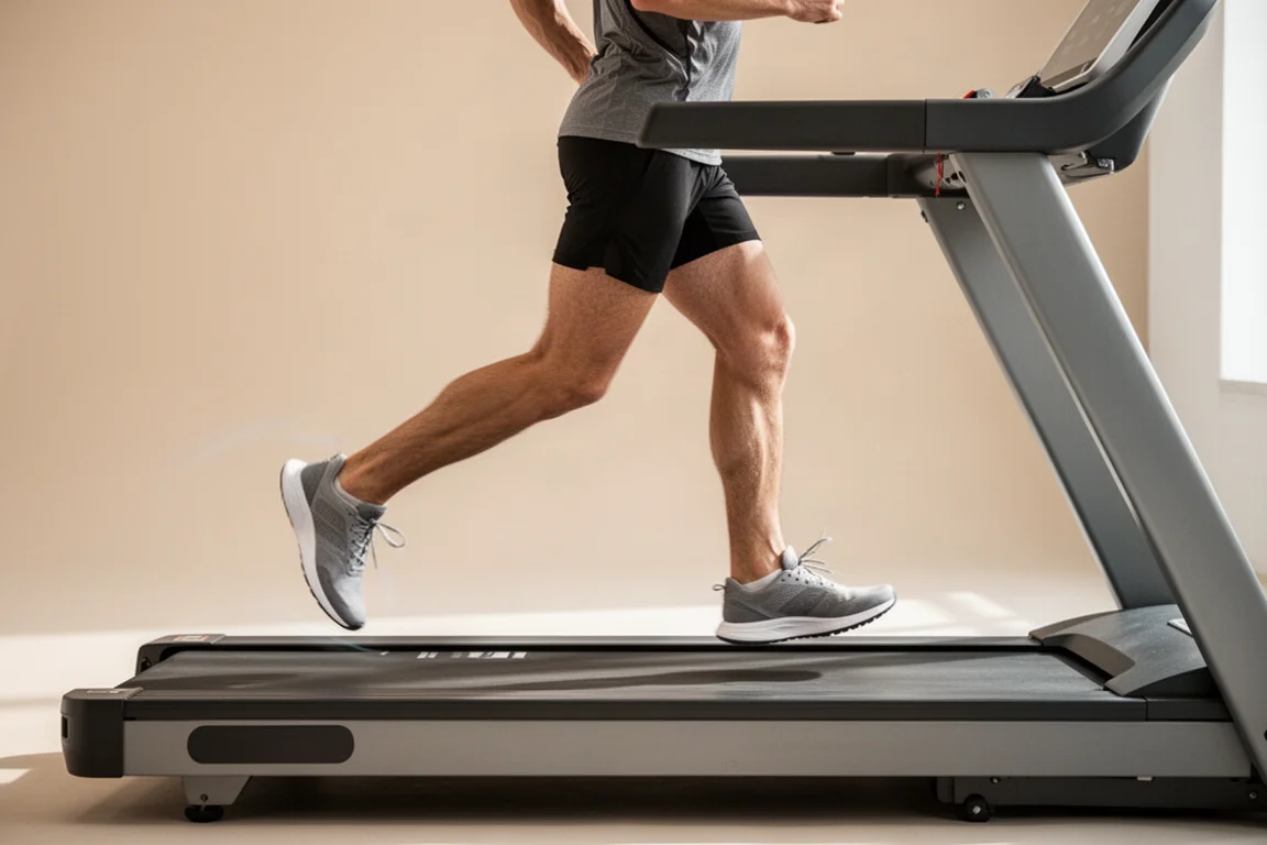 Runner's stride mid-run on a treadmill during a running form assessment