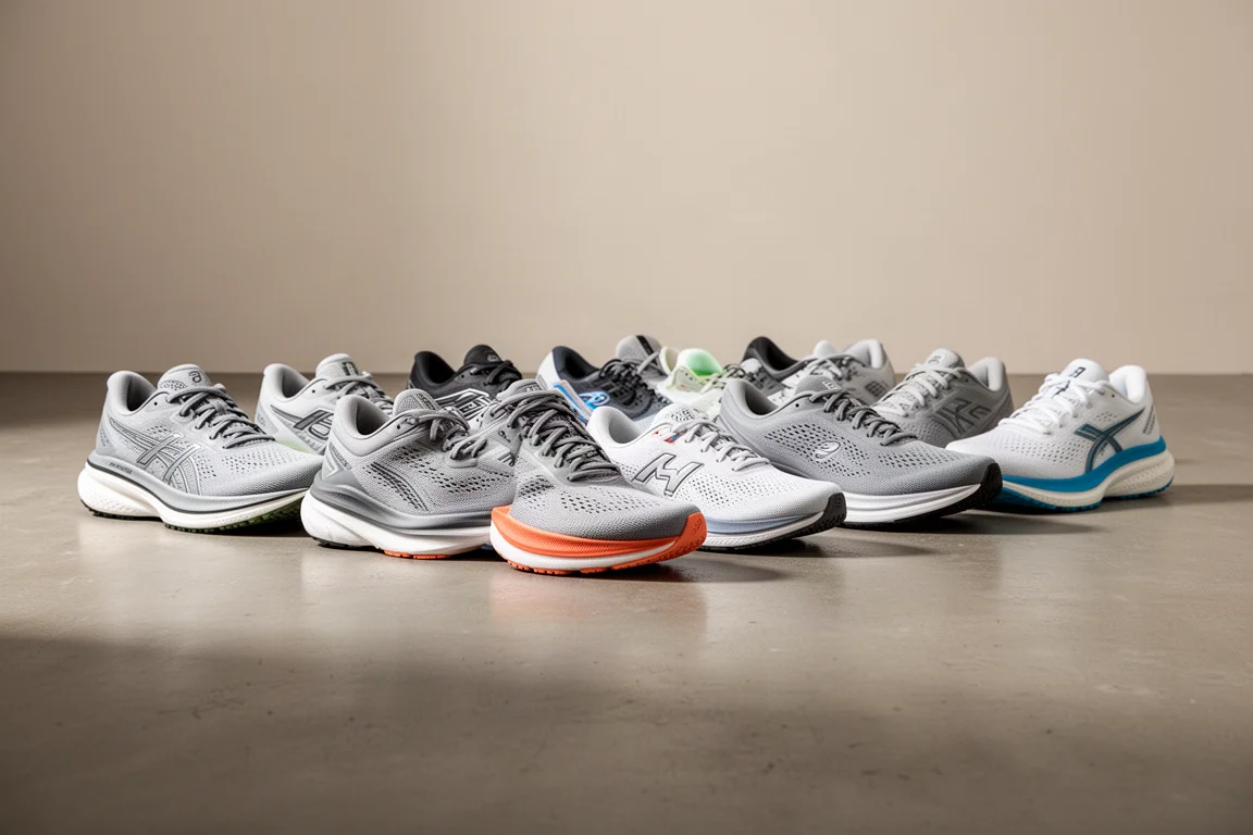 Riga di undici scarpe da running neutre su un pavimento in cemento opaco da studio