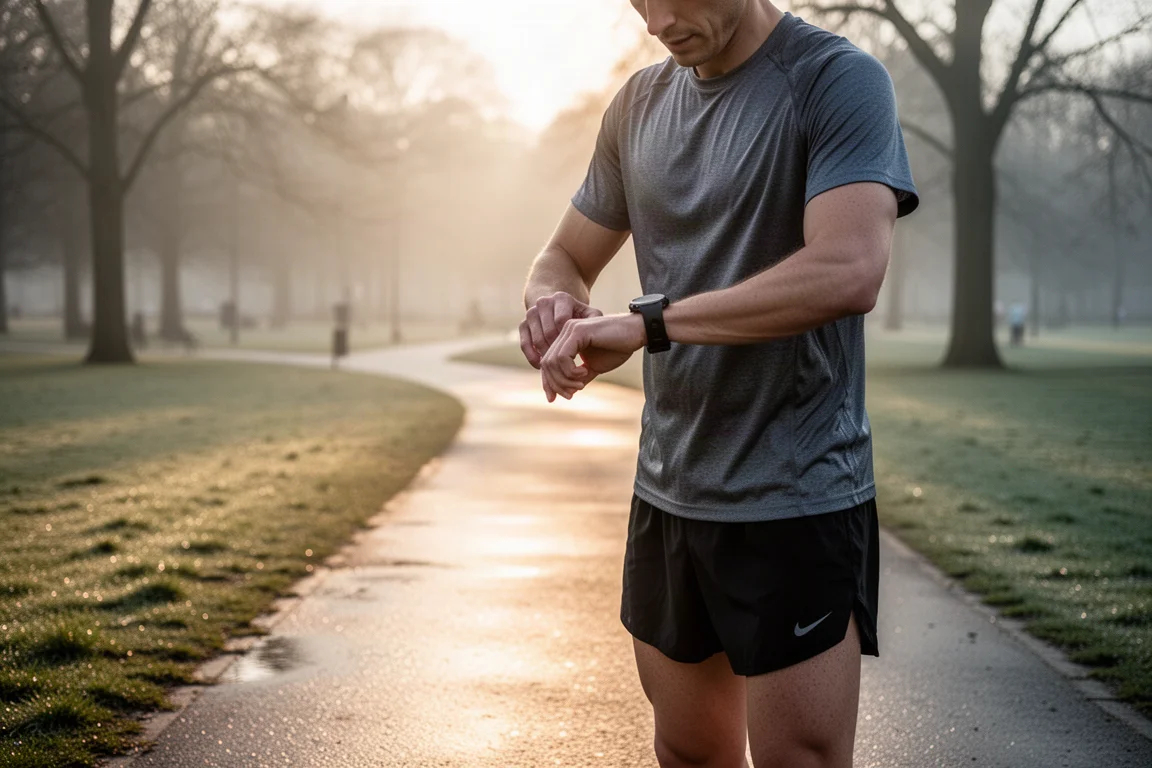 Un runner controlla un orologio GPS all'inizio di una corsa facile del mattino