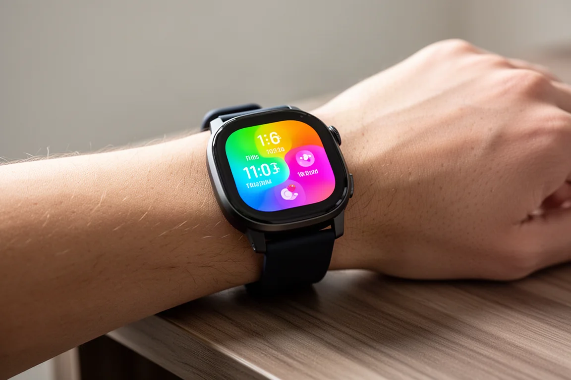 Primo piano di un quadrante touchscreen dai colori vividi in una luce soffusa diurna