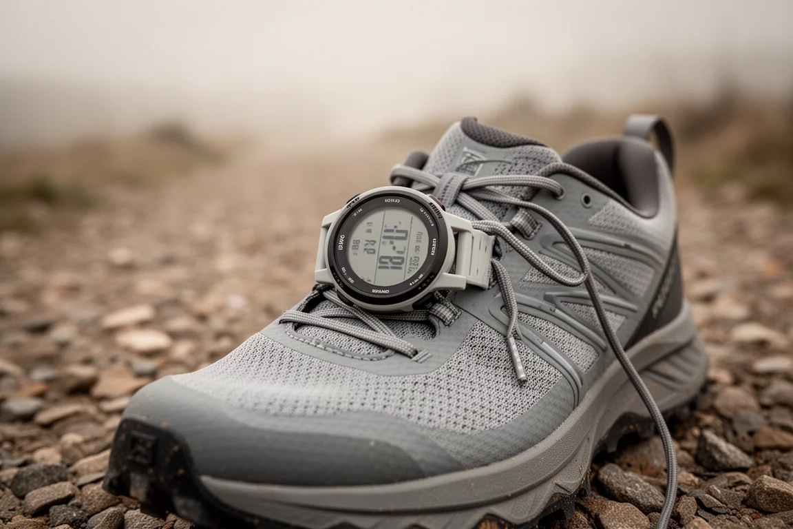 Un orologio multisport leggero appoggiato su una scarpa da trail sulla ghiaia
