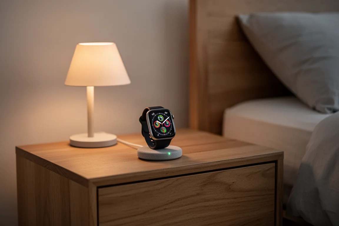 Uno smartwatch su un comodino si ricarica accanto a una lampada