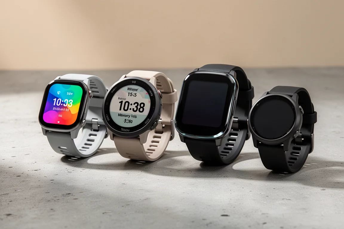 Four GPS running watches lined up on a concrete surface