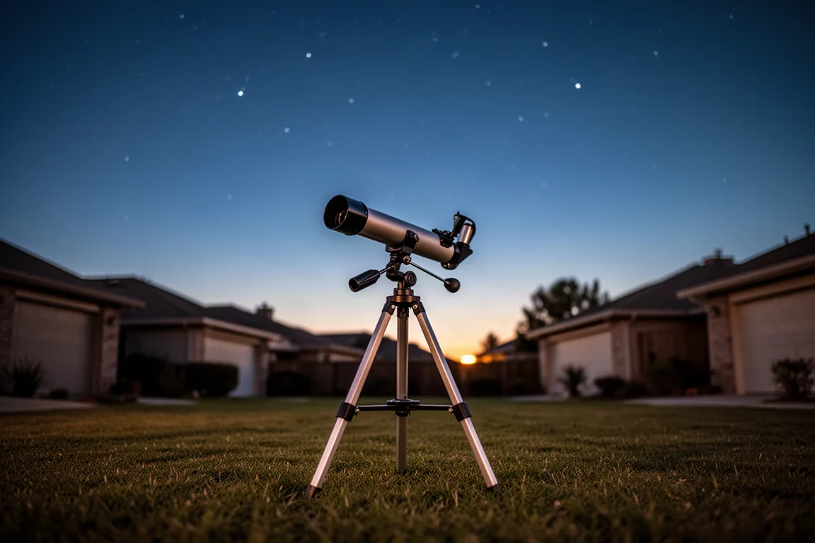Scena di osservazione stellare in giardino con un piccolo telescopio sotto un cielo stellato
