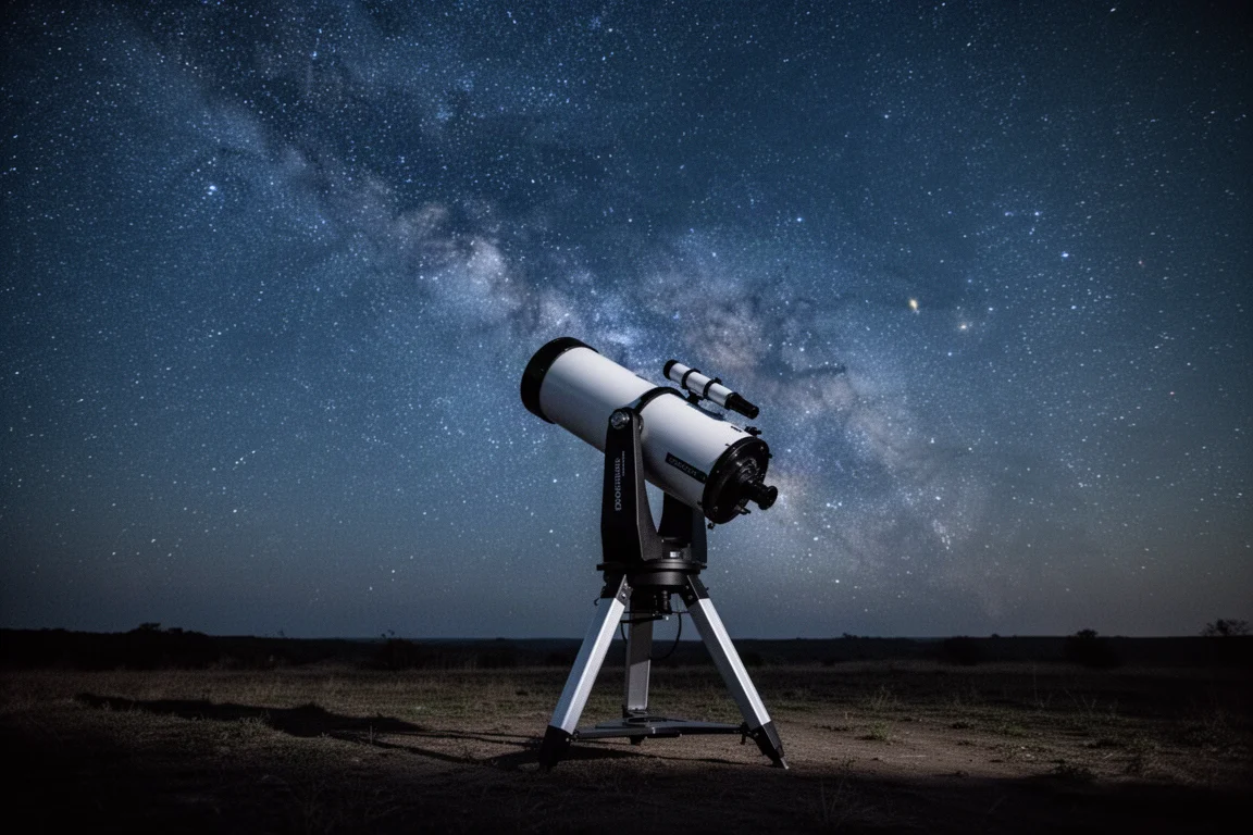 Grande telescopio Dobsonian sotto un cielo notturno pieno di stelle in un sito di osservazione buio