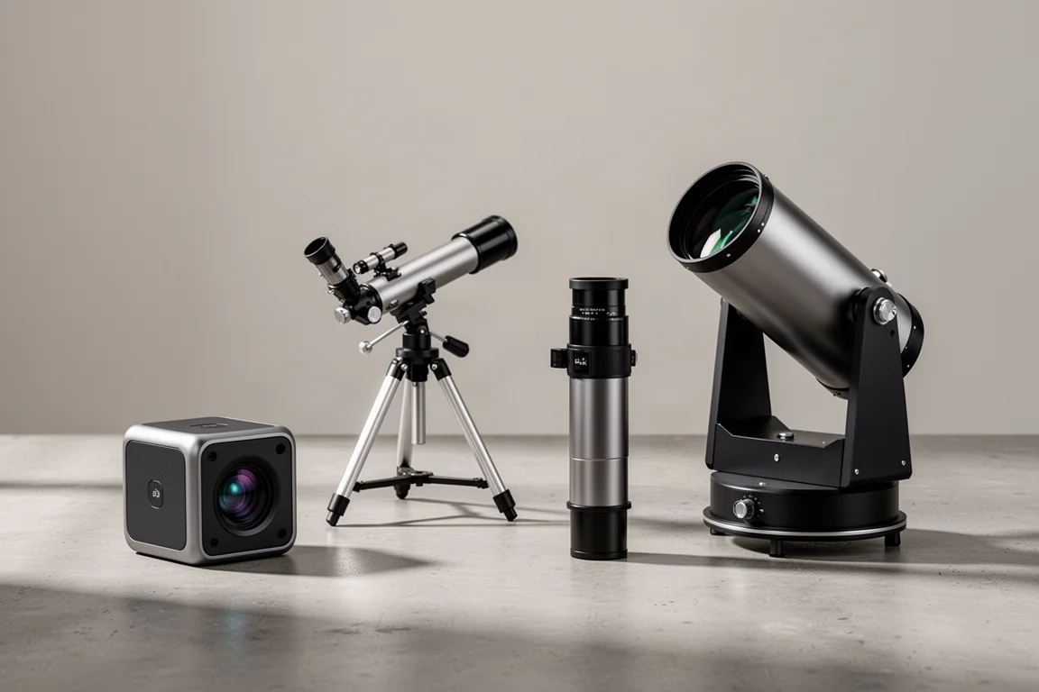 A variety of beginner telescopes arranged on a concrete studio surface