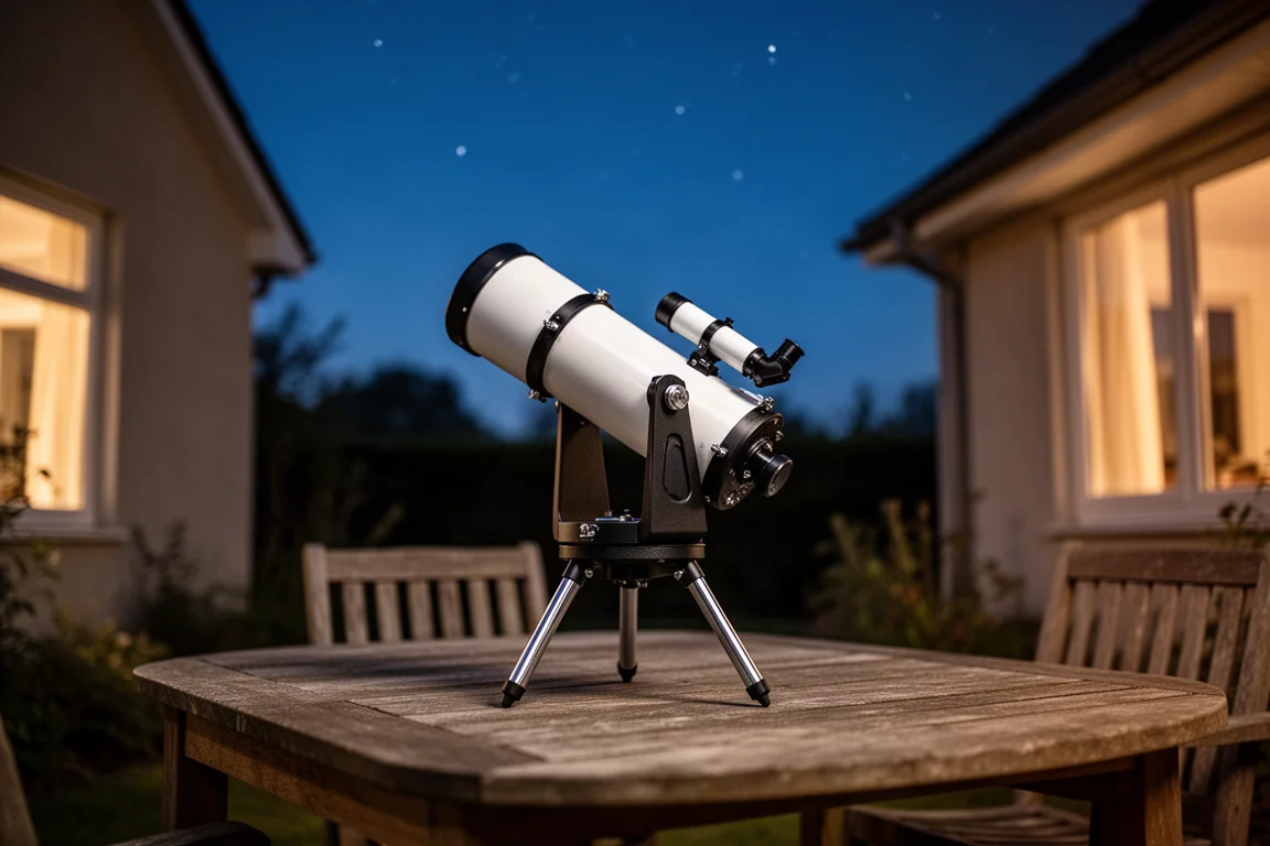 Kind und Elternteil richten ein kleines Tisch-Teleskop auf einem Gartentisch in der Abenddämmerung ein