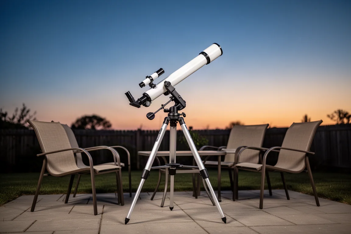 Kompaktes Refraktor-Teleskop auf einem Stativ auf der Terrasse, bereit für eine kurze Sternebeobachtung