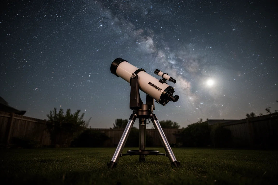 Großes Dobson-Teleskop in einem dunklen Garten, gerichtet auf einen sternklaren Himmel
