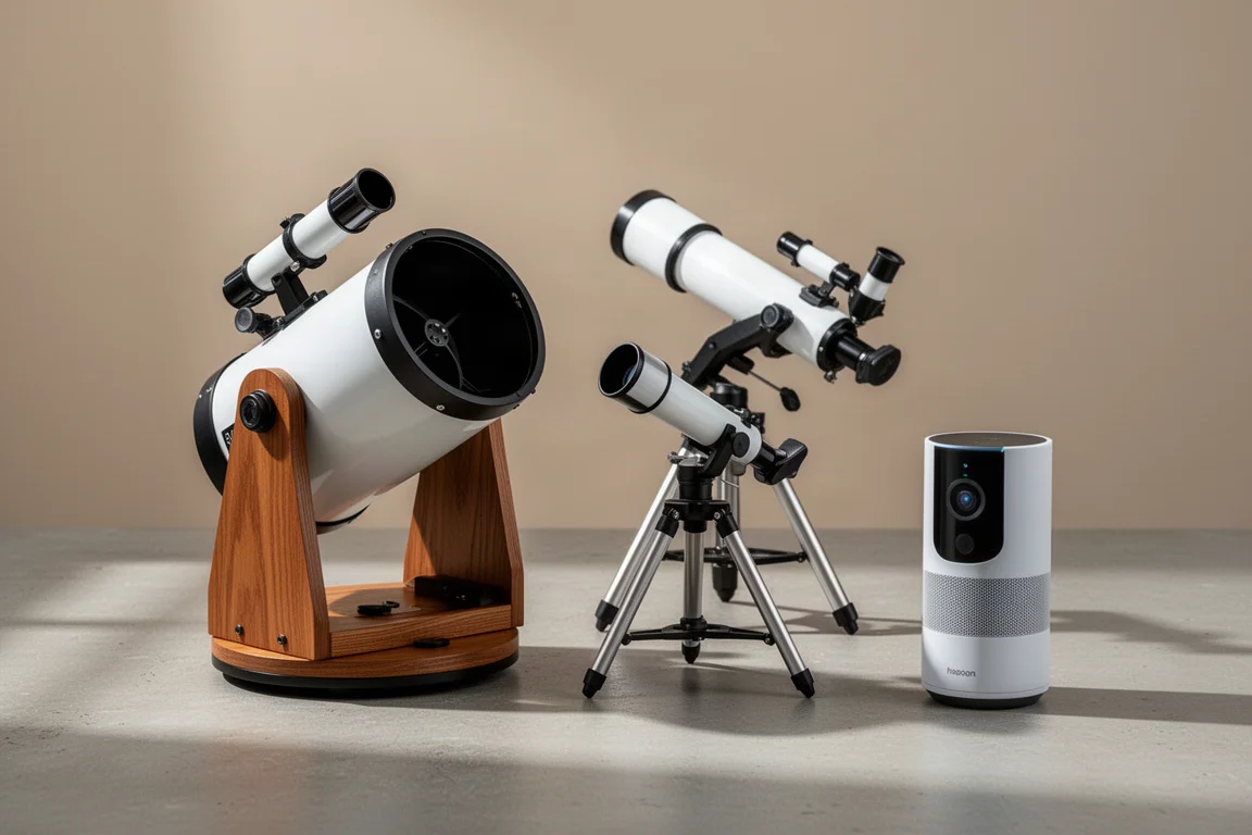 Collection of beginner telescypes including a tabletop Dobsonian, a refractor on a tripod, and a smart telescope