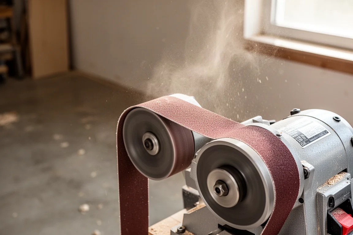 Belt sander belt running over wheels during a grinding test in a workshop