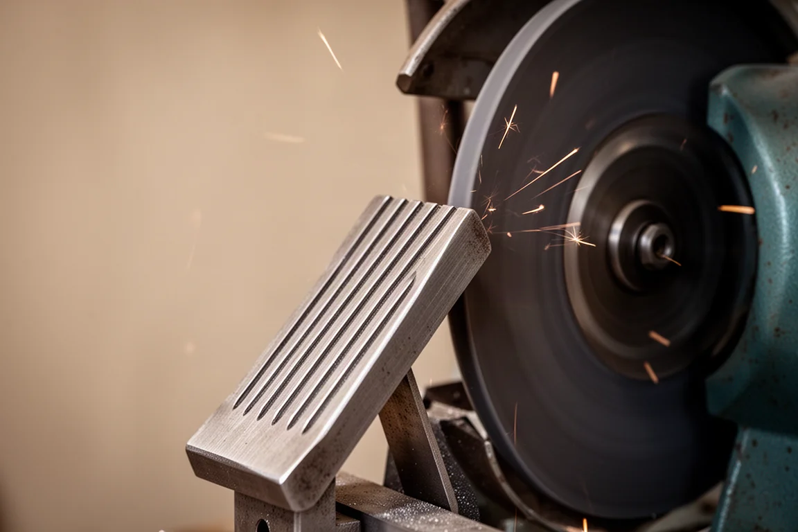 Angled and grooved metal tool rest on a benchtop grinder with sparks