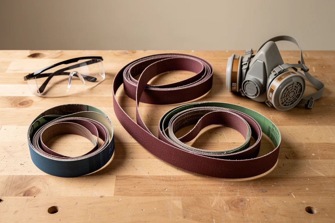 Workbench with assorted abrasive belts in different grits laid out