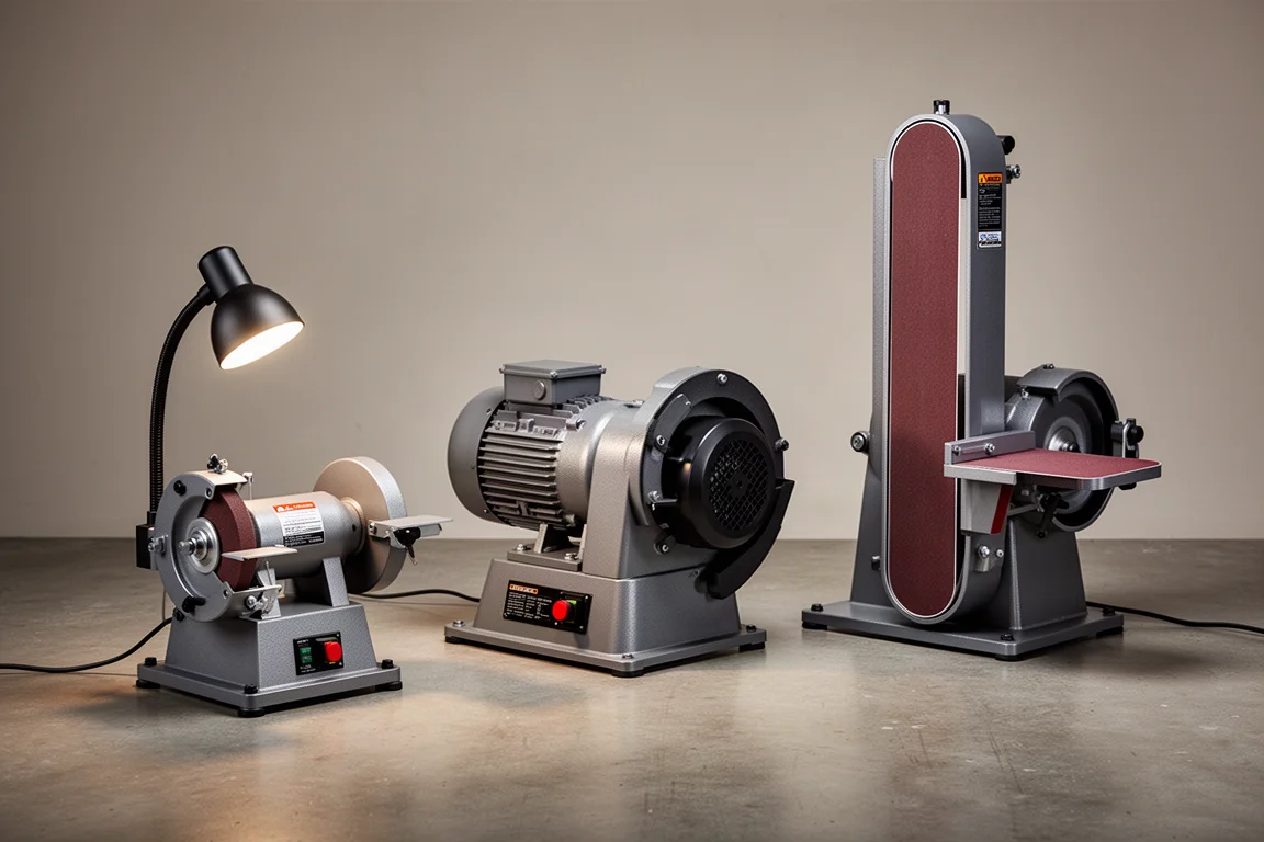 Three benchtop belt grinder/sander machines side by side on a concrete floor