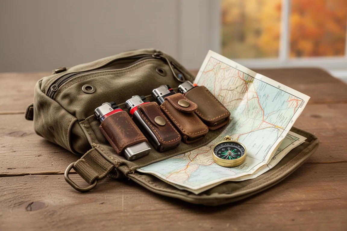 Several BIC lighters stored in cases inside a canvas outdoor gear pouch