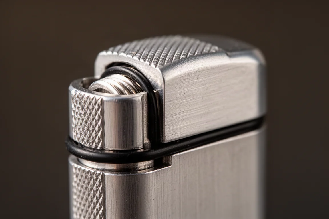 Close-up of a machined aluminum lighter case cap with O-ring seal
