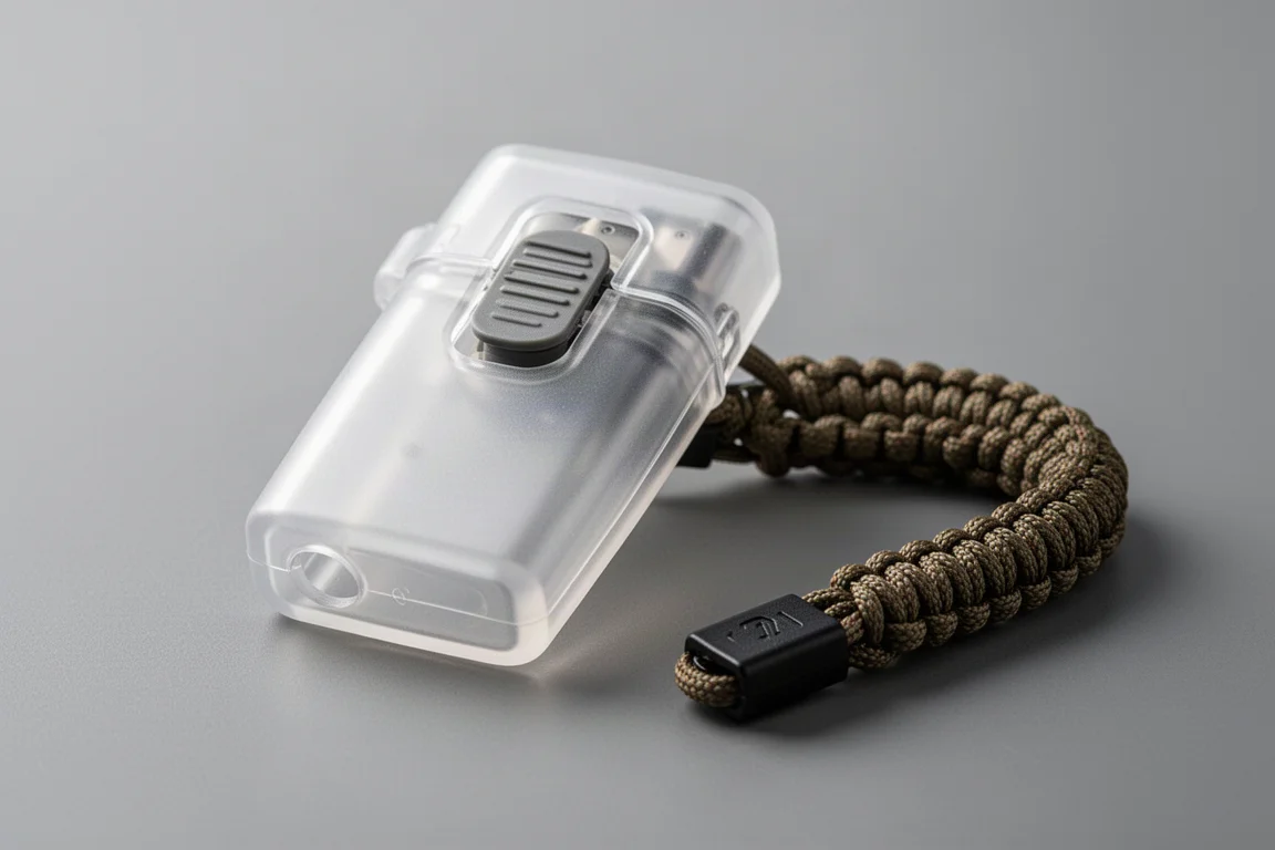 Translucent polycarbonate lighter case with push-button latch on a table