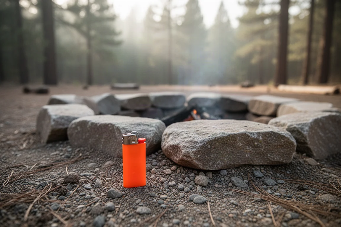 Bright orange lighter resting on rocky ground beside a campfire ring
