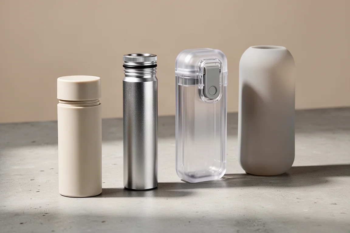 Four different BIC lighter protective cases lined up on a concrete surface