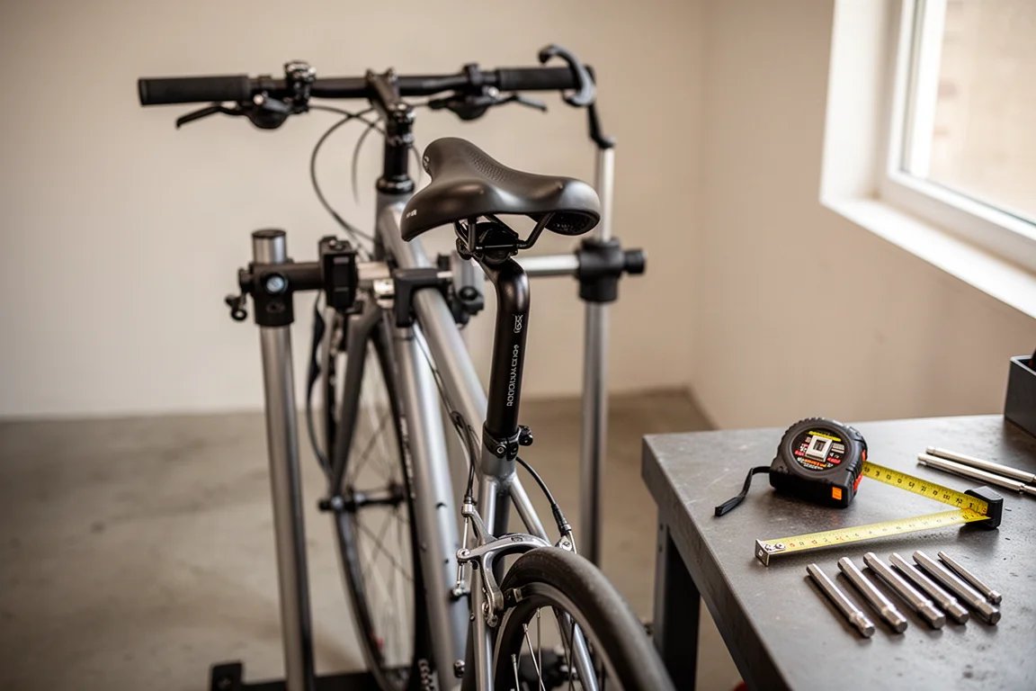 Fahrrad im Montageständer mit Sattel und Werkzeug auf einer Werkbank